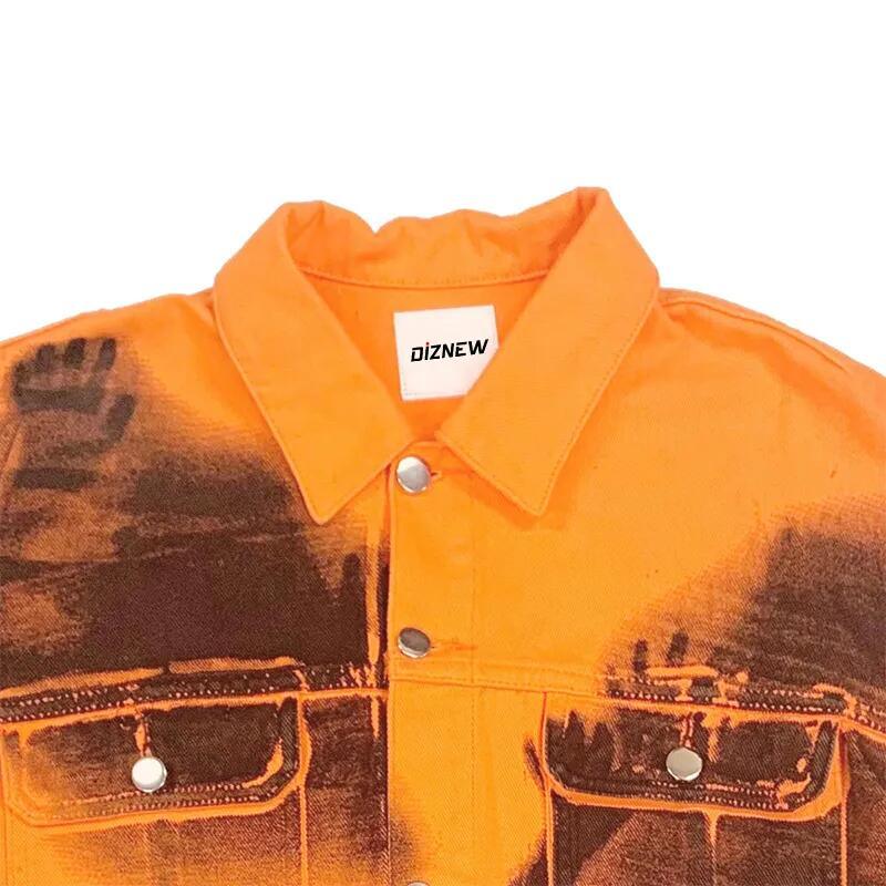 Jacket Button Orange Men&prime;s Jackets &amp; Coats Full Over Digital Printed Distressed Denim Jacket