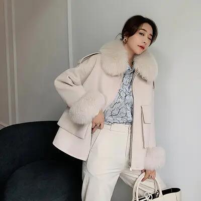 Korean Style Fall Winter Short Real Fox Fur Coat Women Genuine Wool Coat for Women with Fur Collar