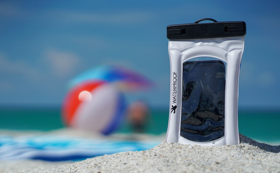 image of white waterproof phone dry bag on beach