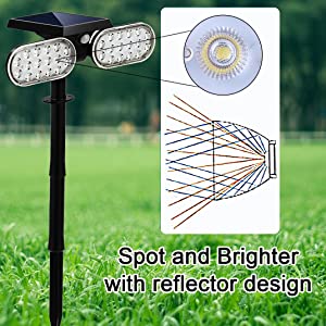 Outdoor Solar Spotlights with reflector design, much brighter. Motion Sensor or stay on available 