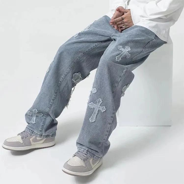 OEM Mens Side Pocket Jeans Washed Vintage Baggy Multi Pocket Jeans Men