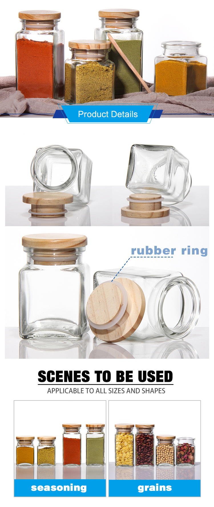 Factory Produced Empty Candy Square Glass Jar with Wooden Lids