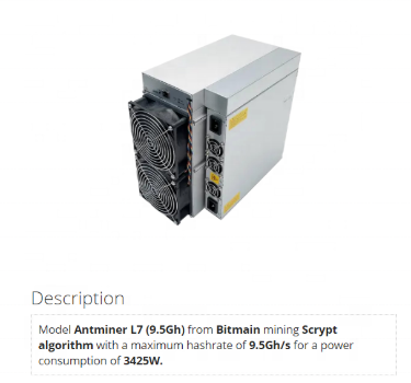 Stock antminer L7 9300m 9050m LTC doge miner Bitmain mining Scrypt algorithm with hashrate 9.16Gh/s supplier