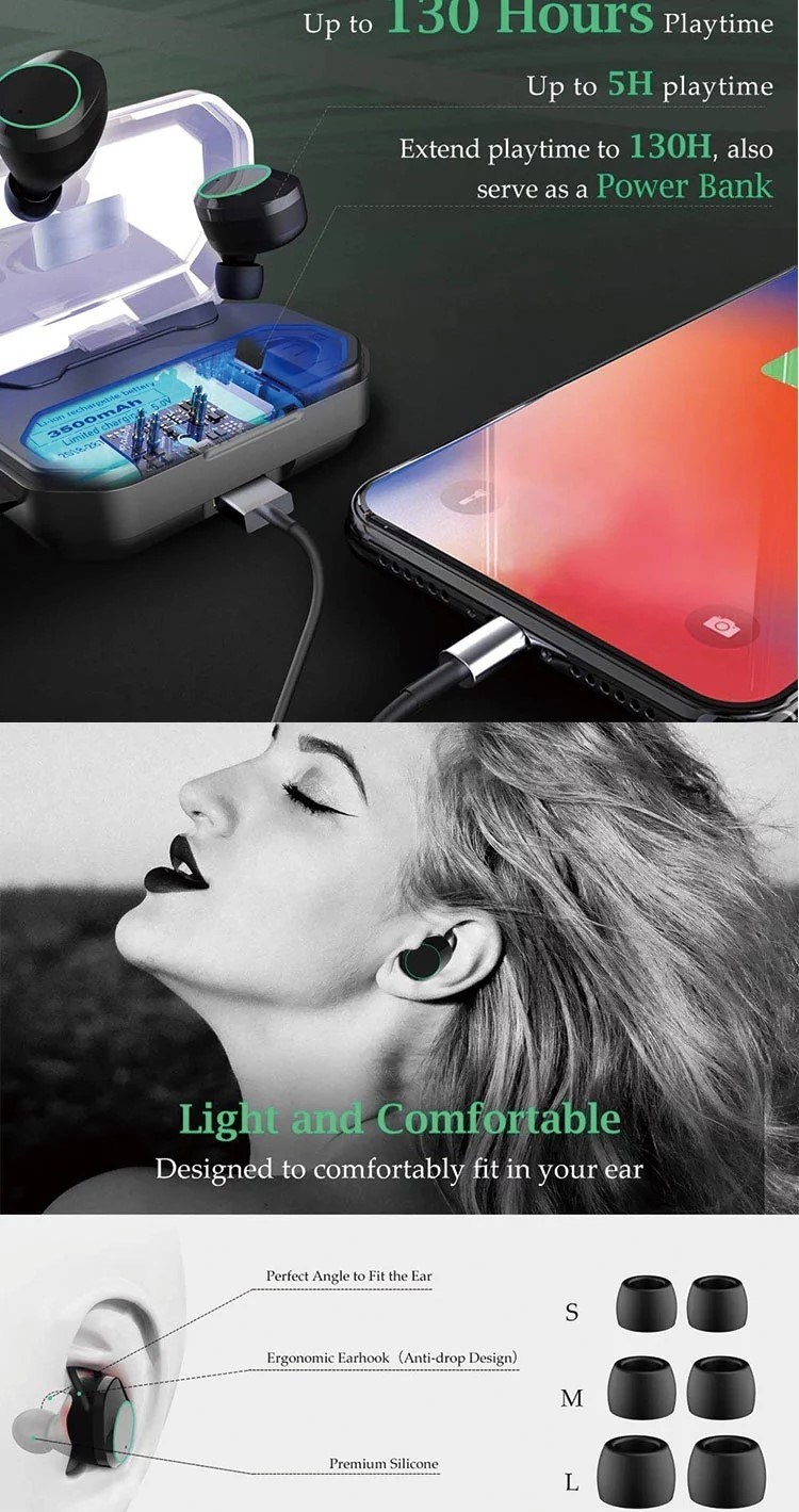 Hot Sell Bluetooth Ipx7 Waterproof Noise Cancelling Earbuds (With 3000mAh charging Box)