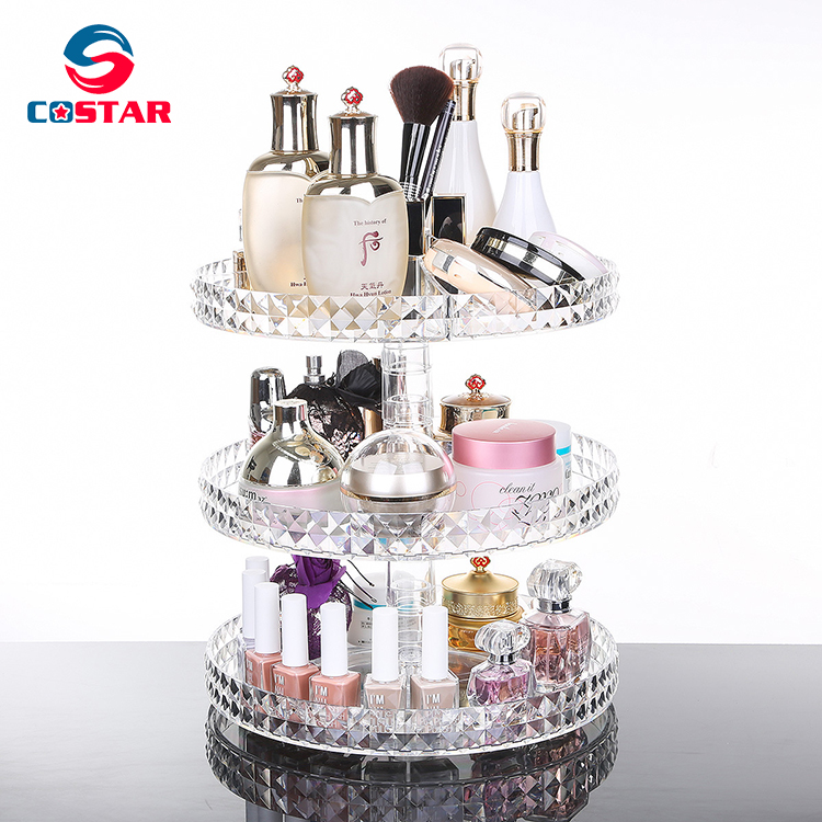 Diamond surface cutting process transparent acrylic cosmetic storage box desktop swivel shelf makeup organizer