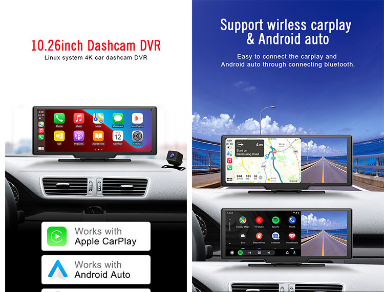 Car Dash Cam DVR 10.26inch Dual Camera Recording With Wireless Carplay And Android Auto