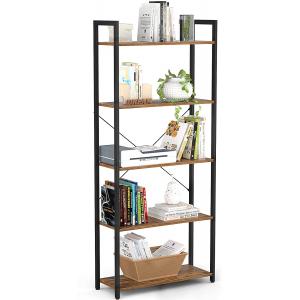 5 Tier Bookshelf, Industrial Tall Living Room Book Shelf Storage Organizer, Metal Wood Modern Simple Display Shelf