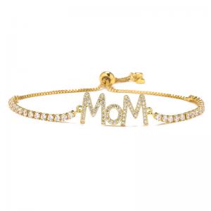 China 18k Gold Plated Diamond Custom Letter Mothers Day Bracelet Adjustable Beaded Tennis Chain supplier