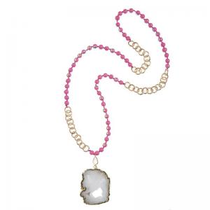 White Druzy Pendant Pink Color Beads Long Necklace With Gold Edge
