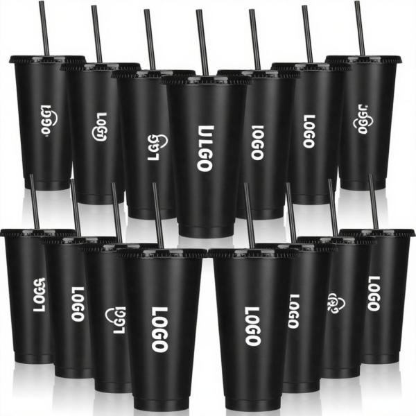 China Gobelet en PP noir de 24 oz Réutilisable pour boissons froides, tasse à café, gobelets en plastique avec couvercles et pailles supplier