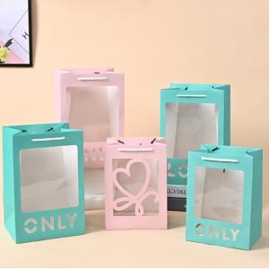 Blue PVC Window Cardboard Gift Bags With Laser Cut Love Recyclable Tote With Handle