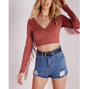 China 2018 ladies latest design fringe long sleeve off shoulder crop top supplier