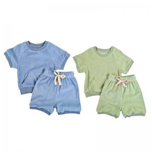 Custom Neutral Kids Terry Towel Fabric Tee Shirts & Shorts Set Toddlers Casual Daily Wear Beach Wear Summer Two Pieces