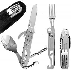 5-in-1 Camping Utensils, Multitool with Safety Locking, Detachable Stainless Steel Spoon, Fork, Knife, Bottle Bottle