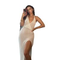 China Small Business Fashion V - Neck Backless Strap See Through Crochet Beach Sling Dress on sale