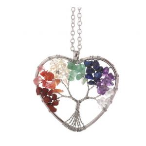 Meditation Life Tree Heart Shaped Chakra Stone Crystal Necklace Adjustable Size