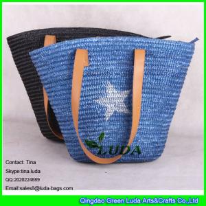 LUDA 2015 summer wheat straw tote bag navy blue leather handbag