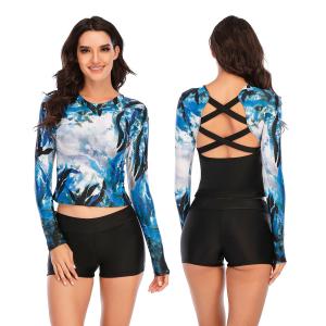 Rash Guard Cross Back Bathing Suit Anti Pilling Long Sleeve Two Piece Swimsuit