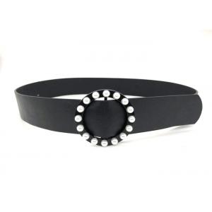 Black Women's Fashion Leather Belts With Round Pearl Buckle 4.5cm Width