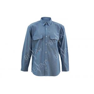 Men's 100%Cotton Chambray Blue Work Shirt Long Sleeve Chest Pockets Detailed Sleeve Band