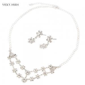 VICKY.HSIEH Silver Bridal Crystal Rhinestone Flower Necklace Earring Set