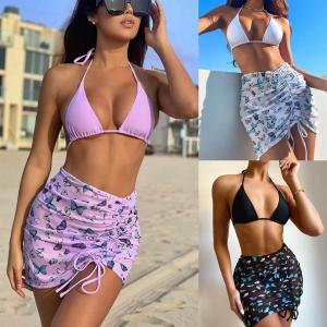 Women's 3-piece Swimsuit with Striped Printed Pleated Skirt