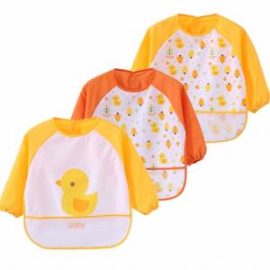 China Yellow Full Sleeve Bib / Baby Smock Bib And Burp Cloth Set With Pocket supplier