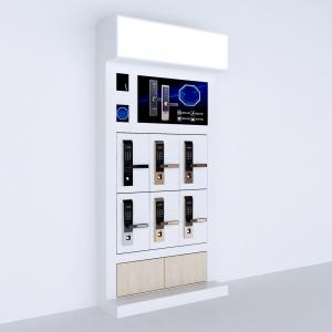 China Mdf Wood Retail Wall Display Shelves 6 Pieces Smart Door Lock Display Stand With LED Lights supplier