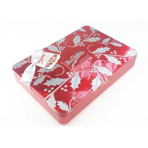 China Red Color Emboss Chocolate Metal Tin Case With Ribbon Bow And Gift Card supplier