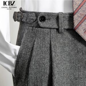 China Customizable Logo Men's Gray Tweed Herringbone Wool Trousers for Business and Casual Wear supplier