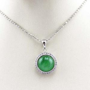China Sterling Silver Bead Chain Necklace Round 11mm Green Jade Cubic Zirconia Pendant  (PSJ025) supplier