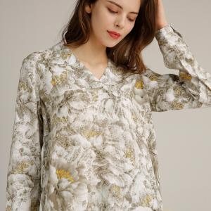 100% Linen Woven Open V Neck Shirt Print Fabric Women'S Long Sleeve Loose Fit Tops