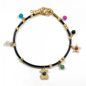 Black Leather Cord Gold Or Silver Stainless Steel Jewellry / Charm Bracelets For Girls