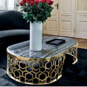 Luxury Oval Coffee Table Stainless Stain frame Artificial Marble Top for Living Room