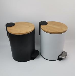 China Commercial Foot Operated Waste Bins Stainless Teel Bamboo Lid Trash Garbage Can Pedal Bin supplier