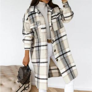                  Autumn Winter Coats for Women 2023 Lapel Pocket Long Plaid Shirt Jacket Coat Woolen Fleece Plaid Long Coats for Women             