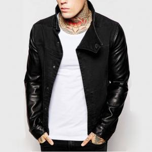 Stand Collar Leather Sleeve Mens Flight Jacket Cotton Denim Biker Jacket Breathable