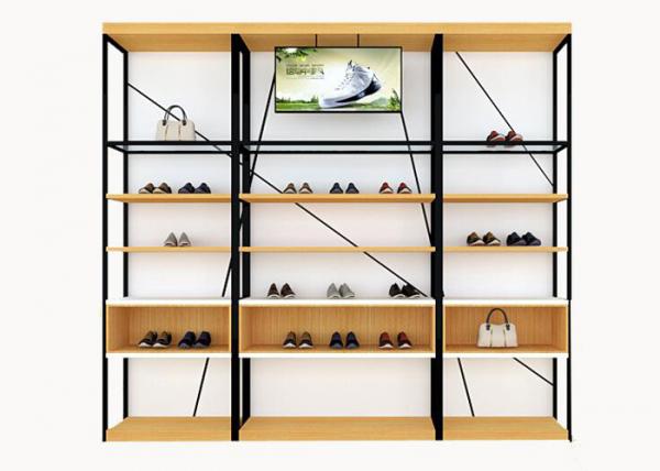 Metal And Wooden Wall Shoe Display Racks , Shoe Display Fixtures Easy Install