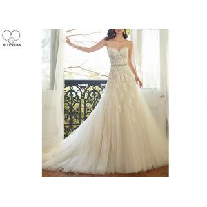 China Waist Beading Tulle A Line Bridal Gowns , Foliage Lace Strapless Wedding Gown supplier