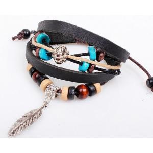 China Wooden bead bracelet cowhide leather feather Indian style jewelry wholesale supplier