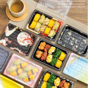 China Custom Cake Packaging Transparent Disposable Takeout Sushi Tray Rectangular Plastic Sushi Food Packing Tray Sushi Box with Lid wholesale