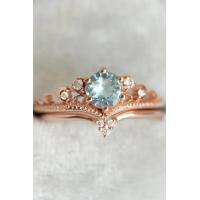 China Delicate S925 Rose Gold Plated Natural Round Shape Aquamarine Ring Women Jewelry on sale