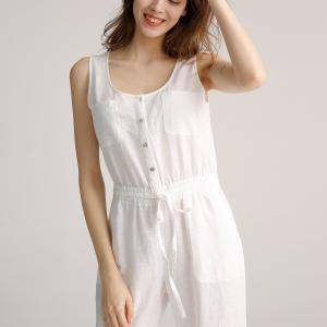 China 100% Linen Button Down Jumpsuit Sleeveless Drawstring Waist Ladies Romper supplier