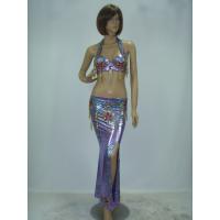 China 2 Pcs Belly Dancer Costume Purple Metallic Maxi Skirt Halter Neck Bra Flower Printing on sale