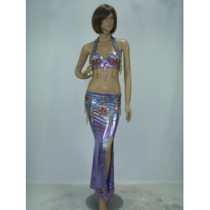 2 Pcs Belly Dancer Costume Purple Metallic Maxi Skirt Halter Neck Bra Flower Printing