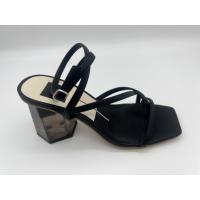 China Wide Fit Black Ladies Soft Leather Sandals Summer Square Toe Ankle Strap Heels on sale