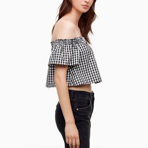 China Latest Clothing Ladies Fashion Summer Top Cotton Plaid Off Shoulder Blouse for Women supplier