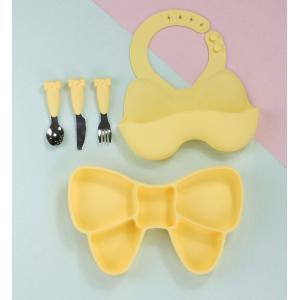 Bow Knot Baby Feeding Suction Plate Cute Bib And Cartoon Spoon Fork Dish Sets