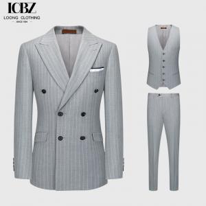 China Business Needs Business Suits Gray Striped Double-breasted Gun Lapel Slim Fit 3 Pieces supplier