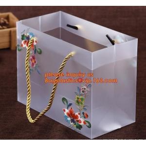 Customized square shape flower pattern long handle PP gift bag,flower vase, disposable flower plastic bag, plastic folda